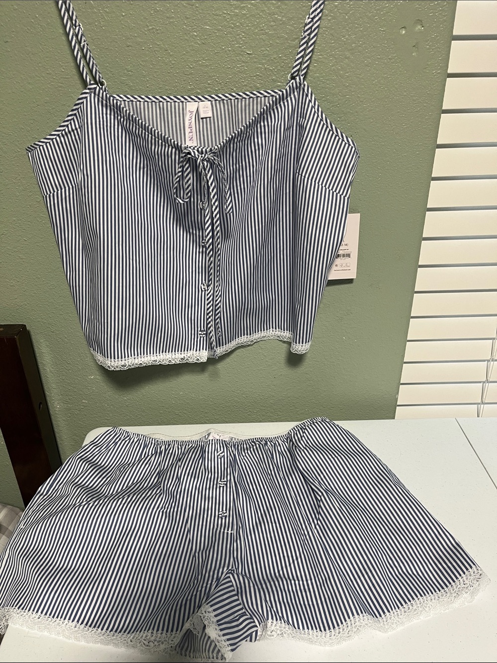 Striped Navy & White Lace-Trim Pajama Set - Women